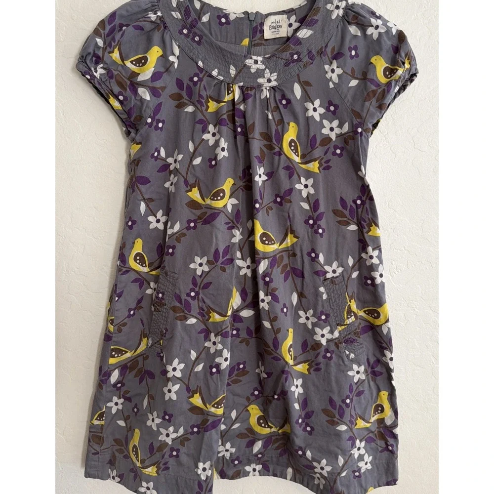 Mini Boden Lined Gray 10-12 Dress Short Sleeve Floral Yellow Birds‎ Play School